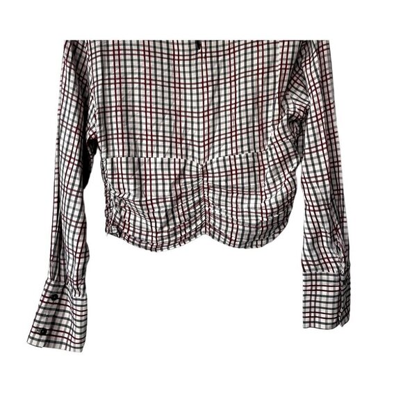 Zara‎ Plaid Cropped Top Size L Preppy Dark Academia Ruched Office Scalloped Hem - Picture 9 of 12